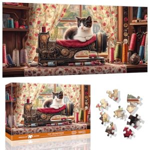 VAIIEYO Chat Puzzle 1000 Pieces, Puzzle Adulte Animaux Machine &agrave; coudre, Adultes et Enfants &agrave; Partir de 14 Ans, Activit&eacute; Familiale Stimulante, &eacute;coration Murale de la Maison, Cadeau, 80 x 41 cm (VAIIEYO, neuf)