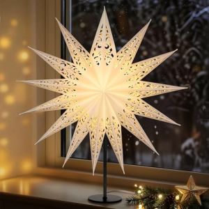 Lewondr Lampe Table Étoile De Noël En Papier 3D, 17,72" Étoile De Noël À 14 Pointes Ajourée Illuminée Avec Ampoule LED E14, Décoration Lumineuse Table Pour Fêtes Avec Base En Fer (Showmore EU, neuf)
