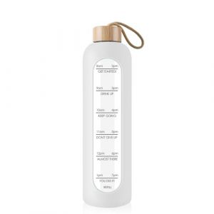 Gourde en verre de 1 litre avec marqueurs de temps &ndash; Bouteille d'eau en verre &eacute;tanche avec couvercle en bambou pour le sport, les loisirs, 1 000 ml &ndash; R&eacute;utilisable &ndash; &Eacute;tui en silicone &ndash; Bouteille en (Gistome Direct, neuf)
