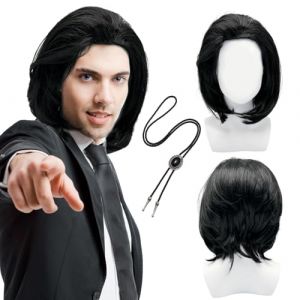UILYNIU 2 Pièces Perruque Noire Courte avec Cravate Bolo, Perruque Homme Femme Punk Rock 80's 90's Accessoires pour Fête Cosplay Halloween Carnaval Usage (2 Pièces) (XIMO EU, neuf)