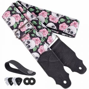 YIKOKO Sangle de guitare crâne et rose, cadeau d'Halloween, sangles de guitare de 5,1 cm pour guitares acoustiques et basses, bouton gratuit, 2 verrous de sangle et 4 médiators (zs-Kiwi, neuf)