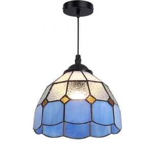 Alpinaluz Suspension Tiffany &laquo; LIVIA &raquo; - Abat-jour en verre bleu, blanc et transparent fait main &Oslash;20 cm - Style classique - Culot E27 - &Eacute;clairage d&eacute;coratif pour cuisine, salon ou entr&eacute;e (ALPINALUZ, neuf)