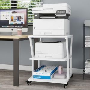PUNCIA Support Imprimante &agrave; 3 Niveaux Meuble de Rangement 50x50x75CM Table de Chevet avec roulettes Caisson Bureau de Rangement Organisateur de Stockage Charge de 140KG pour Bureau &agrave; Domicile (Blanc) (Puncia-Euro, neuf)