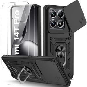 Guisessy Coque Compatible avec Xiaomi 14T Pro 5G avec 2 Verre Tremp&eacute;, Lentille Coulissante Couverture, Support 360&deg; Rotatif Militaire PC Dur Renforc&eacute;e Armor Antichoc Bumper Housse Etui(6.67") - Noir (Guisessy EU, neuf)