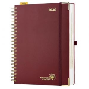 POPRUN Agenda 2026 Journalier A4 Grand Format 30,5 x 22 cm - Couverture Rigide Spirale, 1 Page par Jour, D'Jan 2026 à Déc 2026-12 Mois, Avec règle signet, Papier 80 g/m², Bourgogne (Time Works Wonders, neuf)