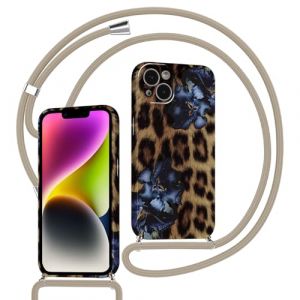 Yoedge Coque avec Cordon pour iPhone 14, Aesthetic L&eacute;opard Motif R&eacute;glable Collier Etui Cover, TPU Silicone Antichoc Housse avec Laniere Corde Lanyard Protection Case pour iPhone 14 6,1" - Fleur (Lei Xiao, neuf)