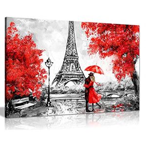Peinture &agrave; l'huile de Paris - Motif de la Tour Eiffel et parapluie rouge - Toile de d&eacute;coration murale, Red, A0 91x61cm (36x24in) (PenguinPrint Canvas&trade;, neuf)