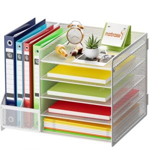Marbrasse Organisateur de Bureau avec Porte-Documents,5 Niveaux - Porte-Lettres avec Tiroir et 2 Porte-Stylos - Compartiments de Rangement en Maille pour Fournitures de Bureau(Blanc sans Tiroir) (Marbrasse shop, neuf)