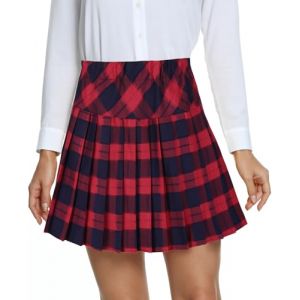 EXCHIC Femmes L'école Style A Ligne Elasticité Taille Haute Mini Plissée Jupe Plaid Ecossaise Kilt avec Pantalons(XXL, 5-Rouge) (EEVASS, neuf)