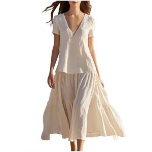 Femme Robe Boheme Chic Coton Lin Manches Longues/Manches Courtes Robe Col V Elegant Robes Swing D'éTé Plage DéContracté Maxi Robes Grande Taille Couleur Unie BohèMe Mi-Longue Dress (HAOLEI  FR, neuf)