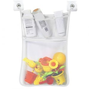Filet de rangement pour jouets de bain, filet de rangement pour jouets de bain, filet de rangement pour jouets de salle de bain en maille avec plusieurs poches et crochet pour jouets (blanc) (SUBTAVIK FR, neuf)
