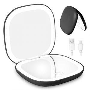 HOTUT Rechargable Miroir de Voyage Grossissant, 10X/1X Miroir Maquillage Grossissant Lumineux, Miroir de Maquillage, avec 3 Couleurs Eclairage, Double Face, pour un Maquillage Précis, Noir (ZHDAYA, neuf)