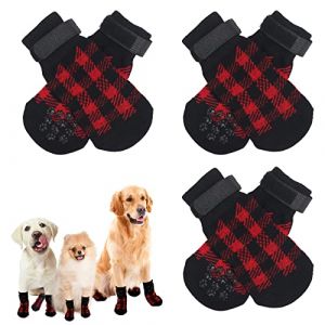 EKKONG Chaussette Chien, 3 Paires Chaussettes Antid&eacute;rapantes avec Sangle de Fixation R&eacute;glable Prot&egrave;ge Pattes de L&rsquo;Animal et Sols Int&eacute;rieurs, pour Petits et Moyens Chiens (L, Plaid Rouge) (Aermeng, neuf)