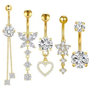 DHINCHANSAIB Percing au nombril, 5cs 14G Piercing Nombril Acier Chirurgical avec CZ Clair Petits Cristaux Ronds, 14G Piercing Nombril Acier Chirurgical Long Dangle Court Inverse pour Femme Filles (or) (suurtuurkeer OU, neuf)