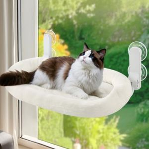 GUUSII HOME Hamac Chat Fenetre Panier Suspendu et Perchoir pour Grande Chats Lit Etagere de Fenêtre Pliable Transat Facile à Monter Housse Lavable en Machine avec Ventouses Support 18kg (Blanc, M) (GUUSII HOME, neuf)