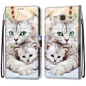 ShinyCase &Eacute;tui pour Samsung Galaxy J3 2016 Coque PU Leather Cuir Anti-Rayures Protection Cover Emplacement Carte Portefeuille Magn&eacute;tique T&eacute;l&eacute;phone Case pour Samsung Galaxy J3 2016,Chat et Chaton (ShinyCase, neuf)