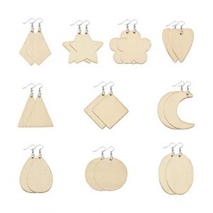 PandaHall Lot de 100 pendentifs en bois brut pour boucles d'oreilles - 10 motifs - avec anneaux ouverts et crochets en laiton - Formes g&eacute;om&eacute;triques, pour la fabrication de bijoux (Yilisi Jewelry, neuf)
