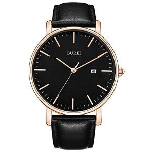 BUREI Montre Quartz Ultra-Fine pour Homme Mouvement Quartz Japonais m&eacute;canique pour Homme Le pour Les Gentlemen (Noir, Bracelet de Montre en Cuir) (EU Watches, neuf)