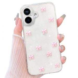 NITITOP Coque pour iPhone 16 Clair Transparent Mignon Scintillant 3D Nœud Papillon Brillante Paillette pour Femme Fille Mince Étui de Protection - Noeud Rose (NITITOP, neuf)