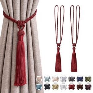 Pretty Jolly Lot de 2 embrasses de rideaux longues à pompons faites à la main en corde tressée avec nœuds de style européen pour décoration de fenêtre de maison et de bureau (rouge vin) (PrettyJolly, neuf)