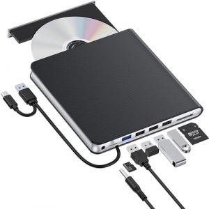 Lecteur CD DVD Externe USB 3.0 & Type-C Lecteur DVD Externe avec 4 USB & SD/TF, Graveur DVD RW Lecteur CD Externe pour Ordinateur Portable, PC, Bureau, MacBook, iMac, Windows 11/10/8/7/XP/Linux/Vista (RealandFun, neuf)