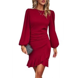 VHUQGVU Robe Cocktail Mariage Vintage Robe Casual Femme Robe bapt&ecirc;me col Rond Manches Longues,Rouge,L (Bailu-EU, neuf)