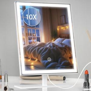 ANTENLICHT Miroir Coiffeuse LED avec Grossissement 10X, Miroir de Maquillage 3 Couleurs, Mirroir Maquilleur Lumineux à Intensité Variable, Miroir de Maquillage de Table Moderne, Blanc (YANGYI-EU, neuf)