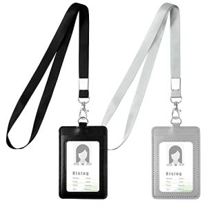Vicloon Porte-badge en Cuir PU, 2pcs Porte Badge Tour de Cou, Double Cartes Badge Cuir Rétractable avec Lanière avec Lanière(Noir+ Gris, Verticale) (BEST-SELLER5, neuf)