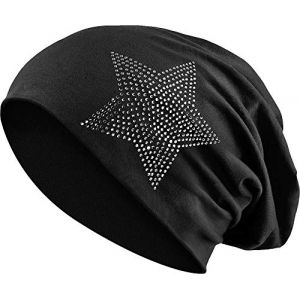 Balinco Jersey Coton &eacute;lastique Long Slouch Beanie Unisexe Hommes Femmes avec Strass Pierres &eacute;toile Casquette Heather en 35 Couleurs diff&eacute;rentes (2) (Black) (Balinco, neuf)
