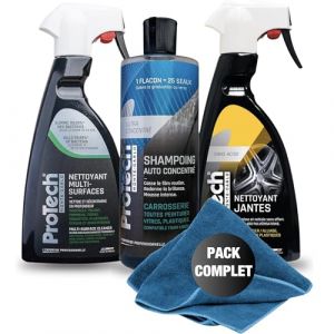 ProTechMC | Kit Nettoyant Voiture Interieur et Extérieur | Nettoyant Multi-Surfaces | Shampoing Carrosserie | Nettoyant Jantes | 3x500 ML | Inclut Microfibre 40x40 cm | Made in France (Protech Services, neuf)