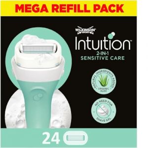 Wilkinson Sword - Intuition Sensitive Care For Women | Pas besoin de gel de rasage | Lot de 24 recharges de lame de rasoir (Venture Blue, neuf)