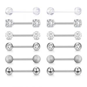 CASSIECA 12Pcs 14G Piercing Langue pour Femme Piercing Tetons Piercing Langue Acier Chirurgical Piercings Barbells Argent Nipple Piercing Langue Téton Mamelon Barbell Bijoux de Piercing 14MM (Yanjia EU, neuf)