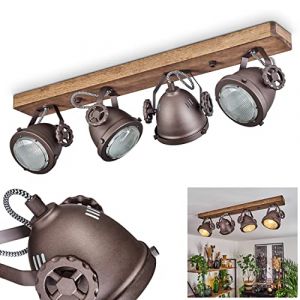 Plafonnier Herford, lampe orientable en m&eacute;tal/bois/verre brun fonc&eacute;/marron/clair, 4 flammes, 4 x GU10-support, spot orientable et pivotant en design industriel, ampoule(s) non incluse(s) (hofstein, neuf)
