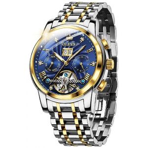 OLEVS Hommes Montre Squelette MéCanique Automatique Bleu éTanche à Remontage Automatique en Acier Inoxydable Lumineux Tourbillon Montres De Luxe (OLEVS, neuf)
