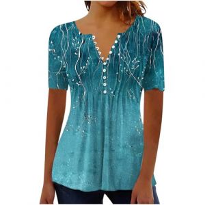 Chemisier Femme Chic et Élégant Manches Courtes Tshirt Chemisiers Et Blouses Grande Taille Imprimé Plissé Henley Tunique Tops Col V Blouse de Soie Boheme Haut Tunique Été Tee Shirt Femmes Solde (⭐⭐⭐⭐⭐AEGJEGVD(5-15 jours Arrivé), neuf)