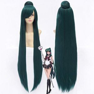 Perruque de cosplay Sailor Moon Sailor Pluto Meiou Setsuna - Vert foncé - Longueur : 100 cm - Droite - Résistante à la chaleur - Avec chignon amovible (GUANBAIJI1982, neuf)