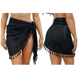 Aiseyi Paréo pour femme - En mousseline de soie - Paréo enveloppant - Jupe de plage avec franges - 2 pièces, 2 pièces Noir, taille unique (Aiseyi Shop, neuf)