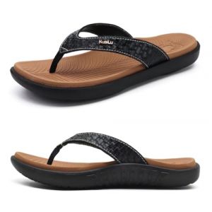 KuaiLu Kaki Noir Tongs Femmes Sandales en Cuir de Mode été Avec Support de Orthopédique Tongs de Plage et Claquettes de Piscine Taille 41EU (KUAILU-YSA, neuf)