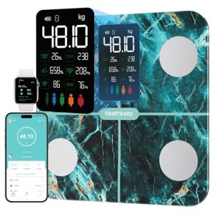 Balance Pèse Personne, Healthkeep Balance Connectée Impédancemètre Grand Écran VA avec Fréquence Cardiaque avec 15 Mesures Avec APP pour Andriod et iOS 180kg/400lb/28st, Vert (TONGXIAO SMART, neuf)