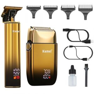 KEMEI T-Blade Tondeuse à Barbe pour Hommes et Rasoir Électrique à Foil, avec Écran LED, Kit de Coiffure Imperméable pour Barbiers/Usage Domestique, Cadeau pour Hommes (Kemei Professional Clippers, neuf)