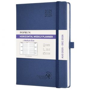 POPRUN Agenda 2025 2026 Semainier Disposition Horizontale 22 x 16,5 cm D'Août 2025 à Déc 2026-17 Mois Planner Scolaire - Couverture Rigide, Intervalles de 30 minutes, Papier 80g/m², Bleu marine (Time Works Wonders, neuf)