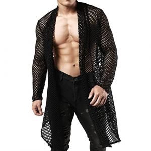 Fishnet Clubwear T-shirt transparent sexy en maille filet pour homme Cardigan à manches longues Transparent, A2 Noir 2, S (Rigyehko, neuf)