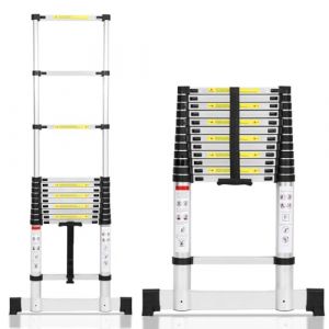 Cecaylie &Eacute;chelle t&eacute;lescopique en aluminium 3,8 m, &eacute;chelle extensible avec stabilisateur, &eacute;chelle en aluminium antid&eacute;rapante, &eacute;chelle debout multifonction extensible, capacit&eacute; de charge de 150 kg (Infinibest, neuf)