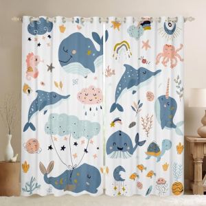Lot de 2 rideaux de fenêtre baleine, dauphin, pieuvre, tortue, poisson, dessin animé, arc-en-ciel, nuages, décoration de chambre d'enfant, 117 x 183 cm (saiaohome, neuf)
