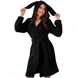 Peignoirs moelleux pour femme - Robe de chambre chaude et confortable en polaire avec oreilles de lapin - Pyjama d'hiver en polaire avec capuche - Robe de chambre grande taille, Noir , S (Shaonianqiang, neuf)