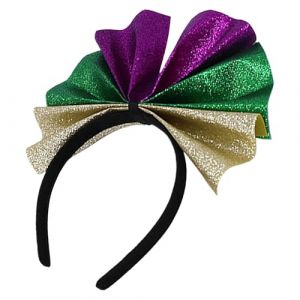 Bandeau de cheveux Mardi Gras - Grand bandeau de cheveux avec nœud de carnaval, bande de cheveux pour fête de carnaval Bandeau de cheveux violet vert or Arc extra large avec paillettes Fête (queen'style, neuf)