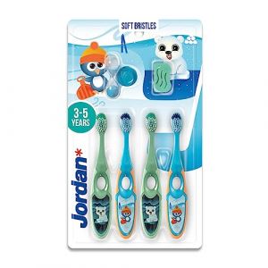 Jordan &reg; | Step 2 Brosse &agrave; dents pour enfants | Brosse &agrave; dents pour enfants de 3 &agrave; 5 ans | Poils souples, double poign&eacute;e ergonomique et sans BPA | Couleur bleu et vert | Pack 4 unit&eacute;s (Orkla, neuf)