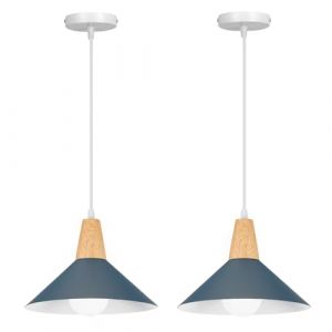 Lots de 2 Suspension Luminaire Vintage Industrielle E27 Plafonnier Lustre Moderne Ø25cm Abat-jour en Métal Bois Lampes Suspendues pour Cuisine Salle à Manger Chambre Café, Bleu foncé (LigKin Light, neuf)