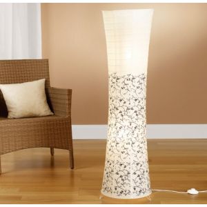 Trango lampadaire 1240L *KOS* lampe en papier de riz *HANDMADE* en blanc avec motif floral avec 2x 3000K ampoules LED E14 de 5 watts - forme: ronde - hauteur: environ 125 cm lampe de salon (Trango-Brilon, neuf)