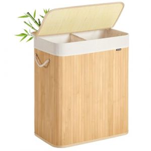 SONGMICS Panier à Linge 100 L, Corbeille Linge Sale 2 Compartiments de Tri, Couvercle, en Bambou, Poignées, Pliable, Sac Amovible Lavable en Machine, pour Buanderie, Chambre, Couleur Boisée LCB074Y01 (SONGMICS HOME FR, neuf)